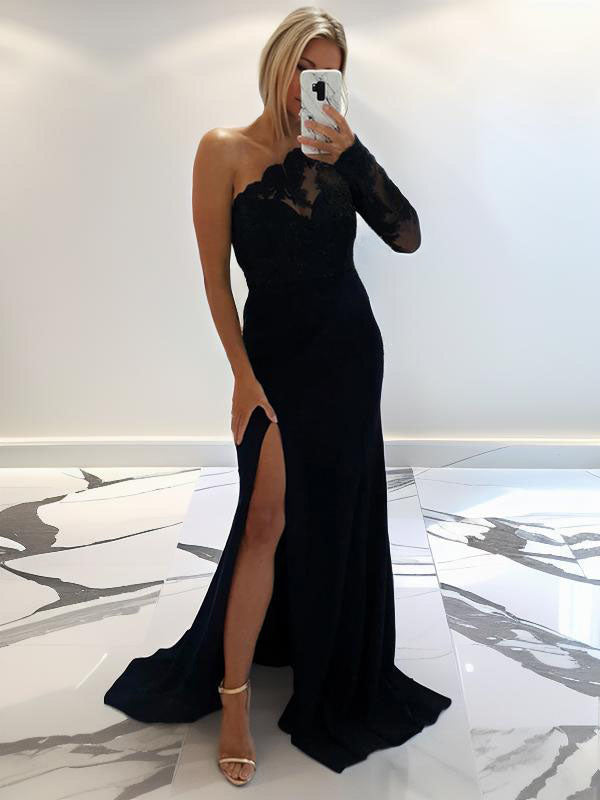Sheath One-Shoulder Long Sleeves Appliques Lace Sweep Train Stretch Crepe Bridesmaid Dress