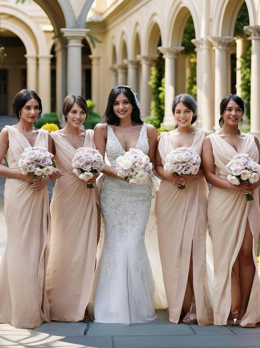 Sheath V-neck Pleated Sweep Train Chiffon Bridesmaid Dress