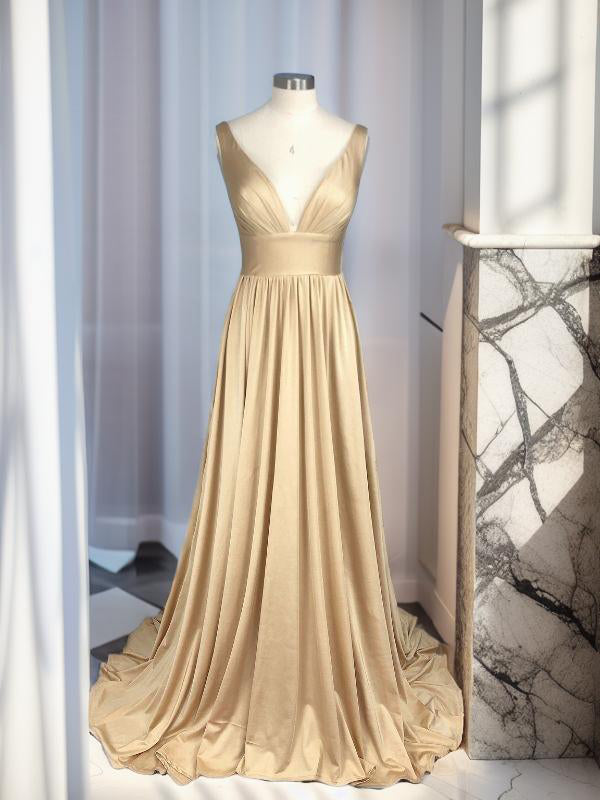 A-line V-neck Pleated Sweep Train Jersey Bridesmaid Dress