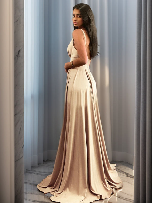 A-line V-neck Pleated Sweep Train Jersey Bridesmaid Dress