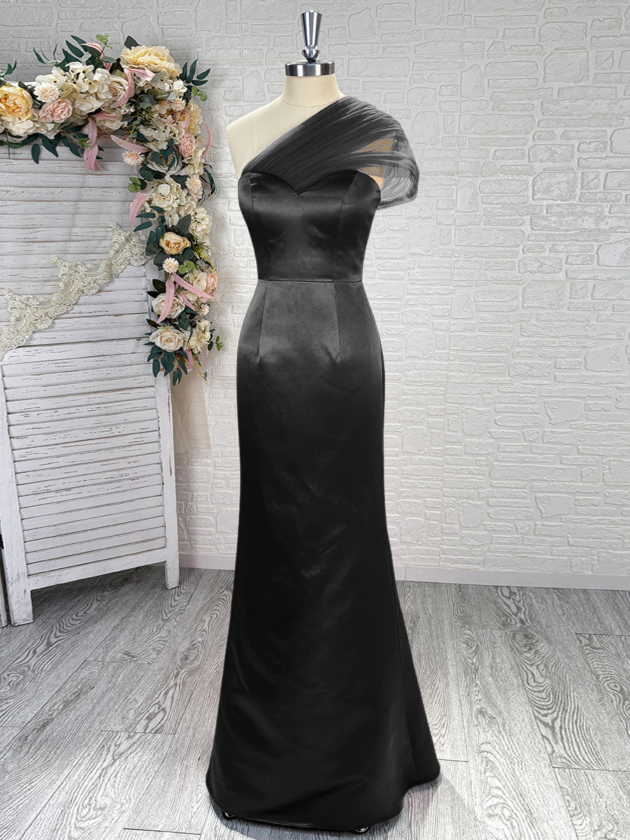 Sheath One-Shoulder Pleated Floor-Length Satin Bridesmaid Dress