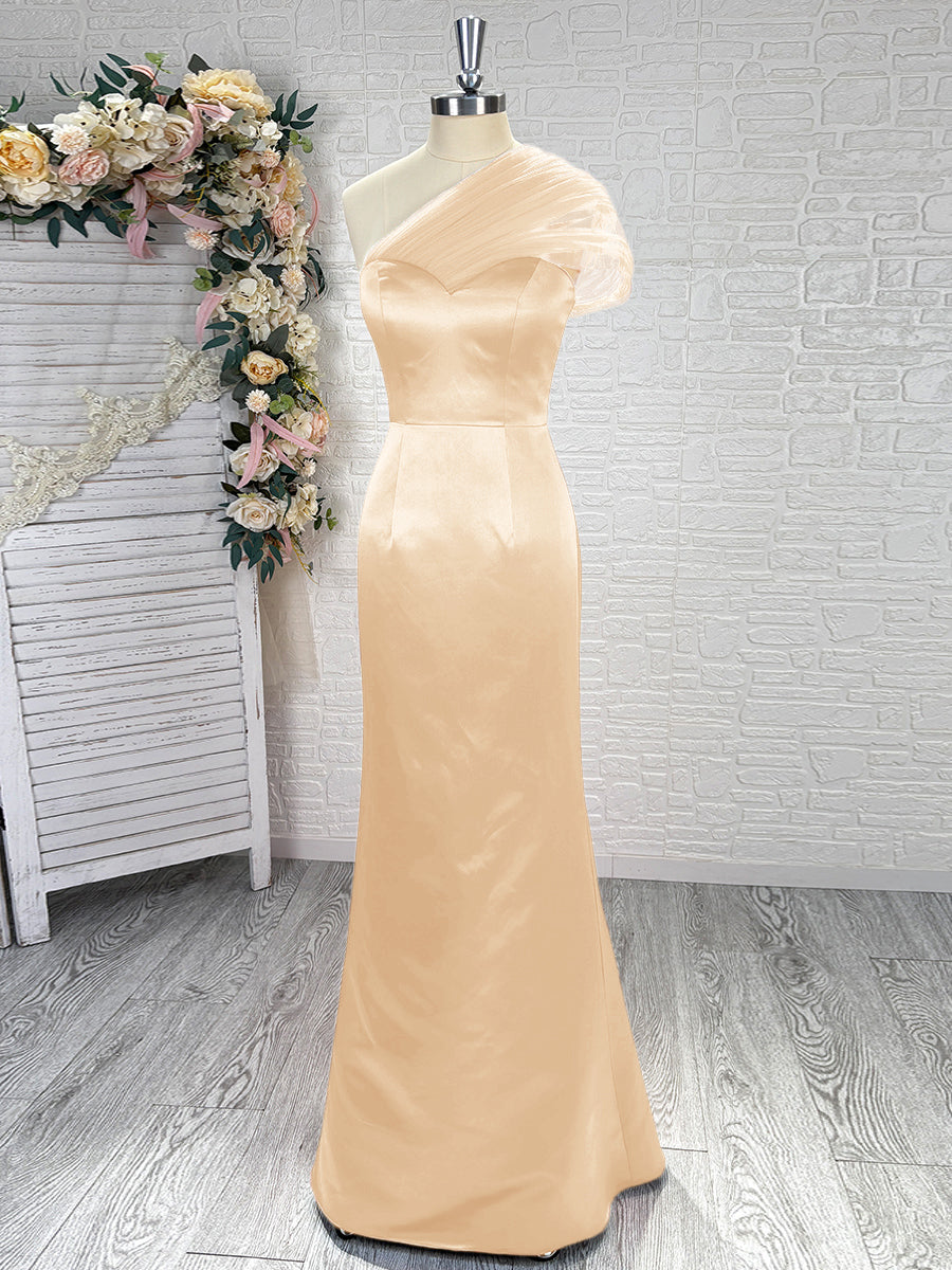 Sheath One-Shoulder Pleated Floor-Length Satin Bridesmaid Dress