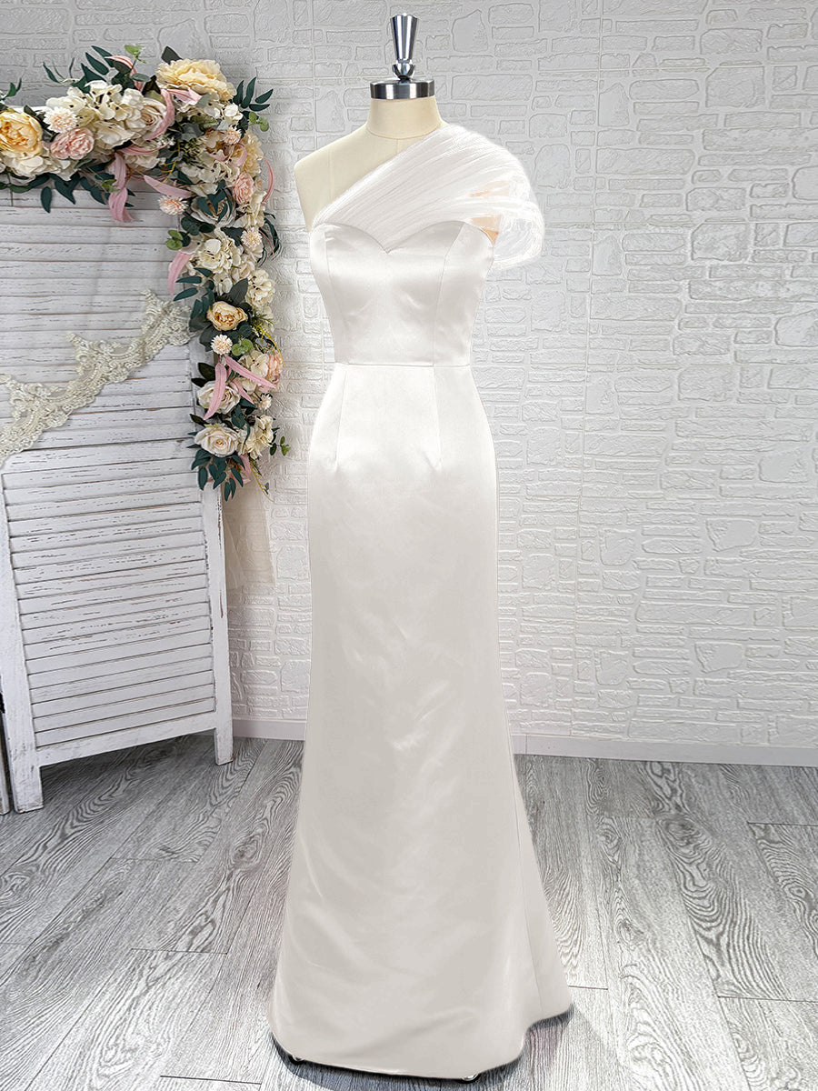 Sheath One-Shoulder Pleated Floor-Length Satin Bridesmaid Dress