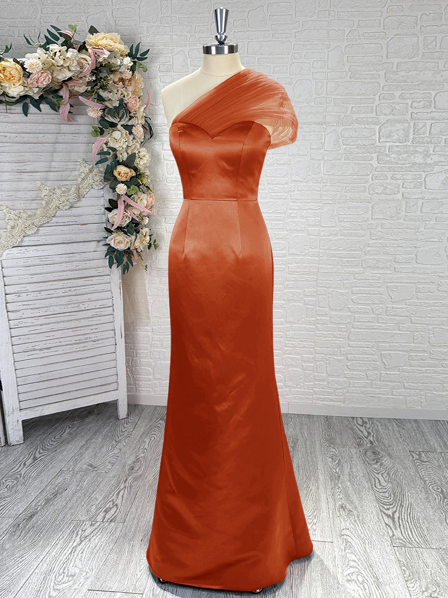 Sheath One-Shoulder Pleated Floor-Length Satin Bridesmaid Dress