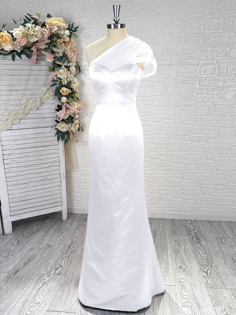 Sheath One-Shoulder Pleated Floor-Length Satin Bridesmaid Dress