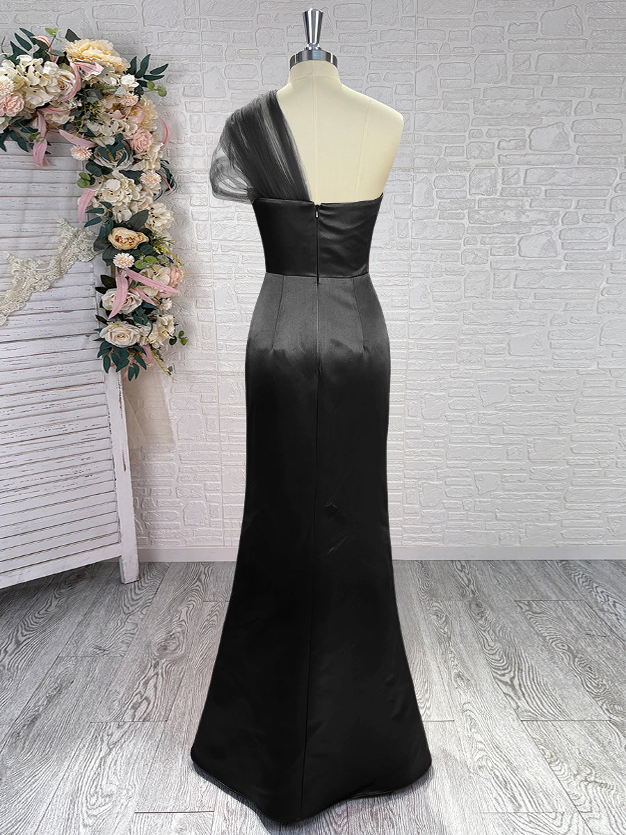 Sheath One-Shoulder Pleated Floor-Length Satin Bridesmaid Dress