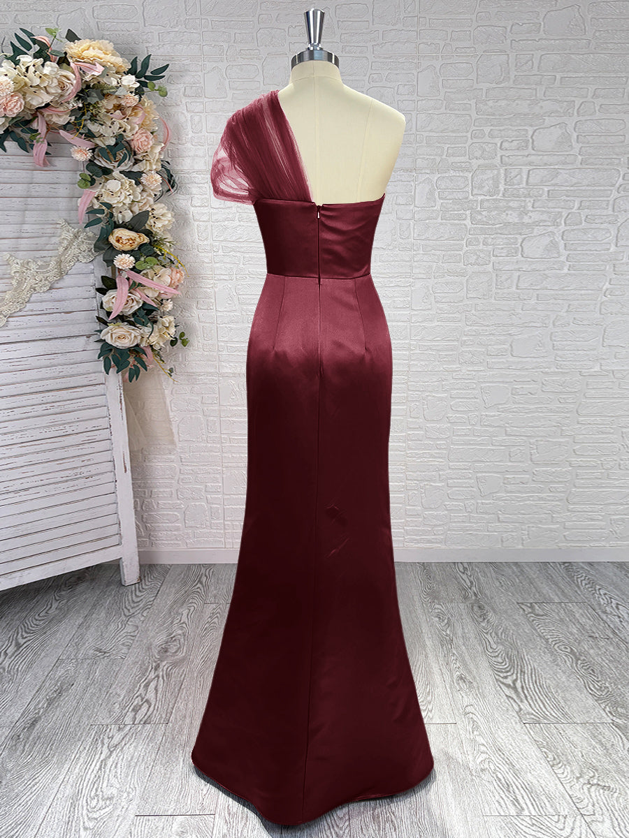 Sheath One-Shoulder Pleated Floor-Length Satin Bridesmaid Dress