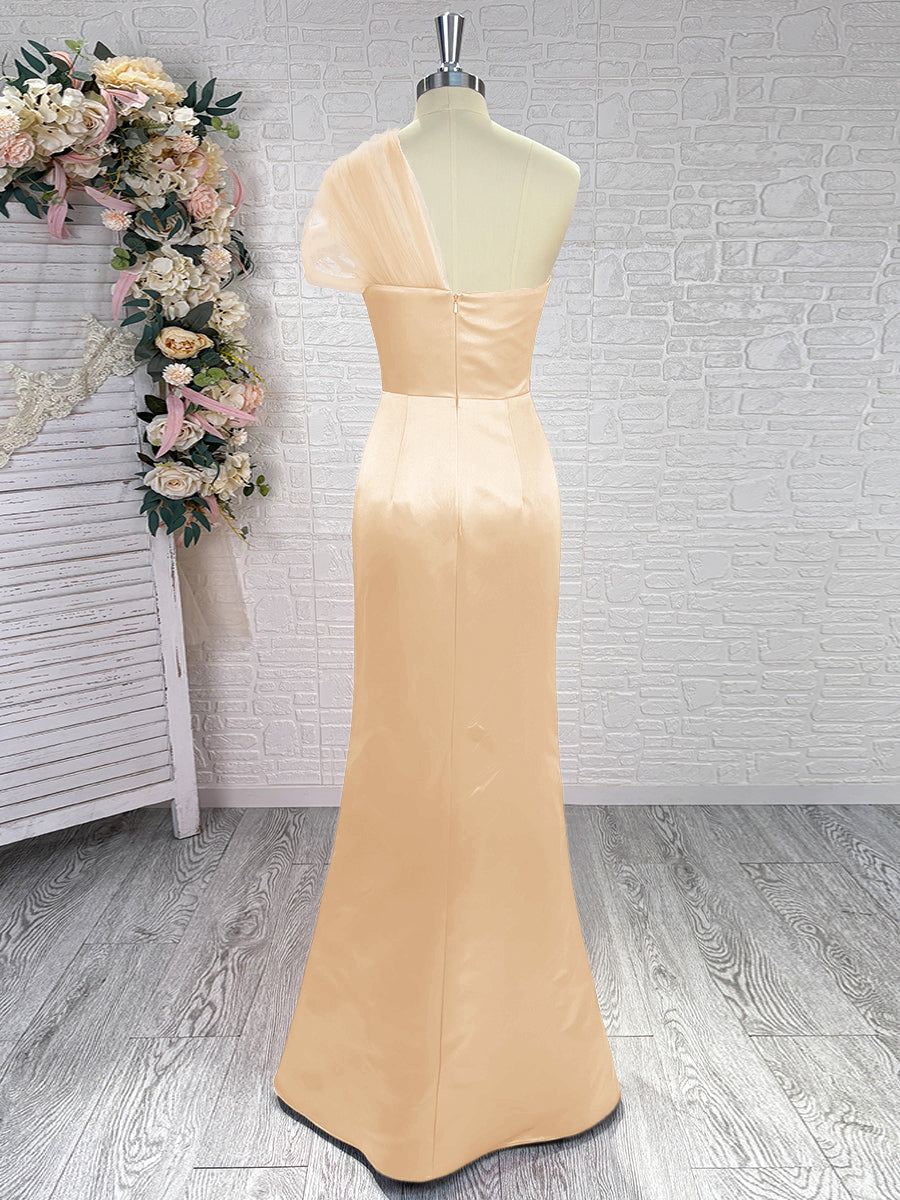 Sheath One-Shoulder Pleated Floor-Length Satin Bridesmaid Dress