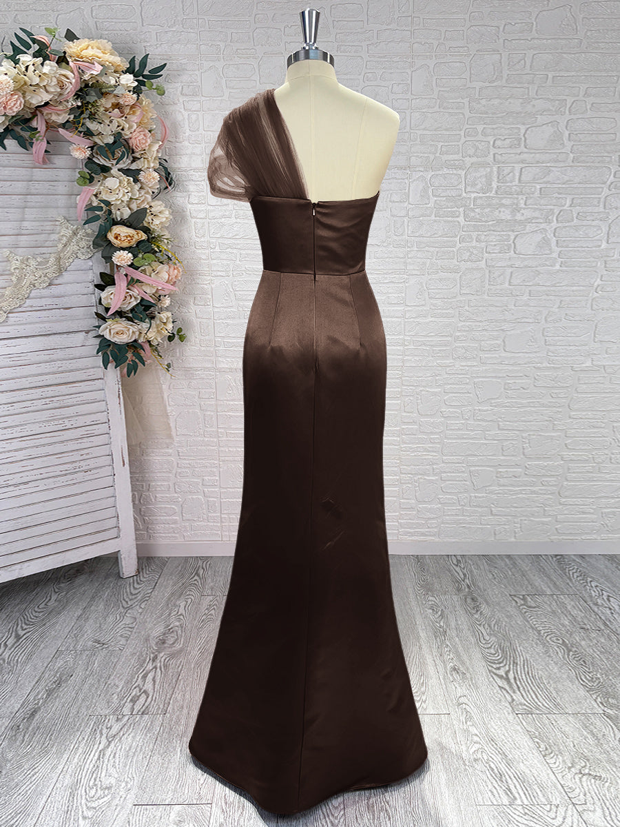 Sheath One-Shoulder Pleated Floor-Length Satin Bridesmaid Dress