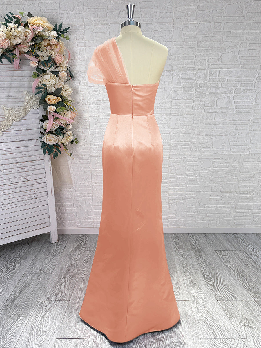 Sheath One-Shoulder Pleated Floor-Length Satin Bridesmaid Dress