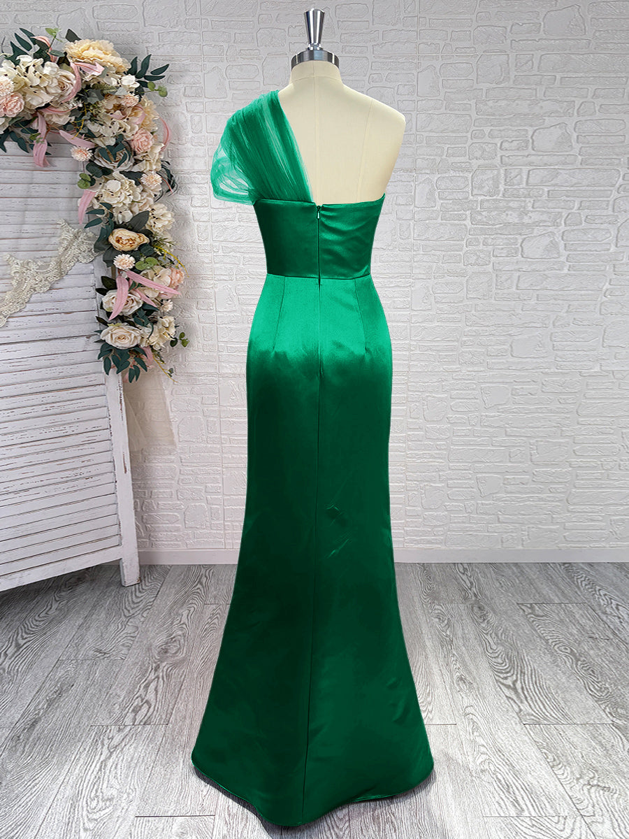 Sheath One-Shoulder Pleated Floor-Length Satin Bridesmaid Dress