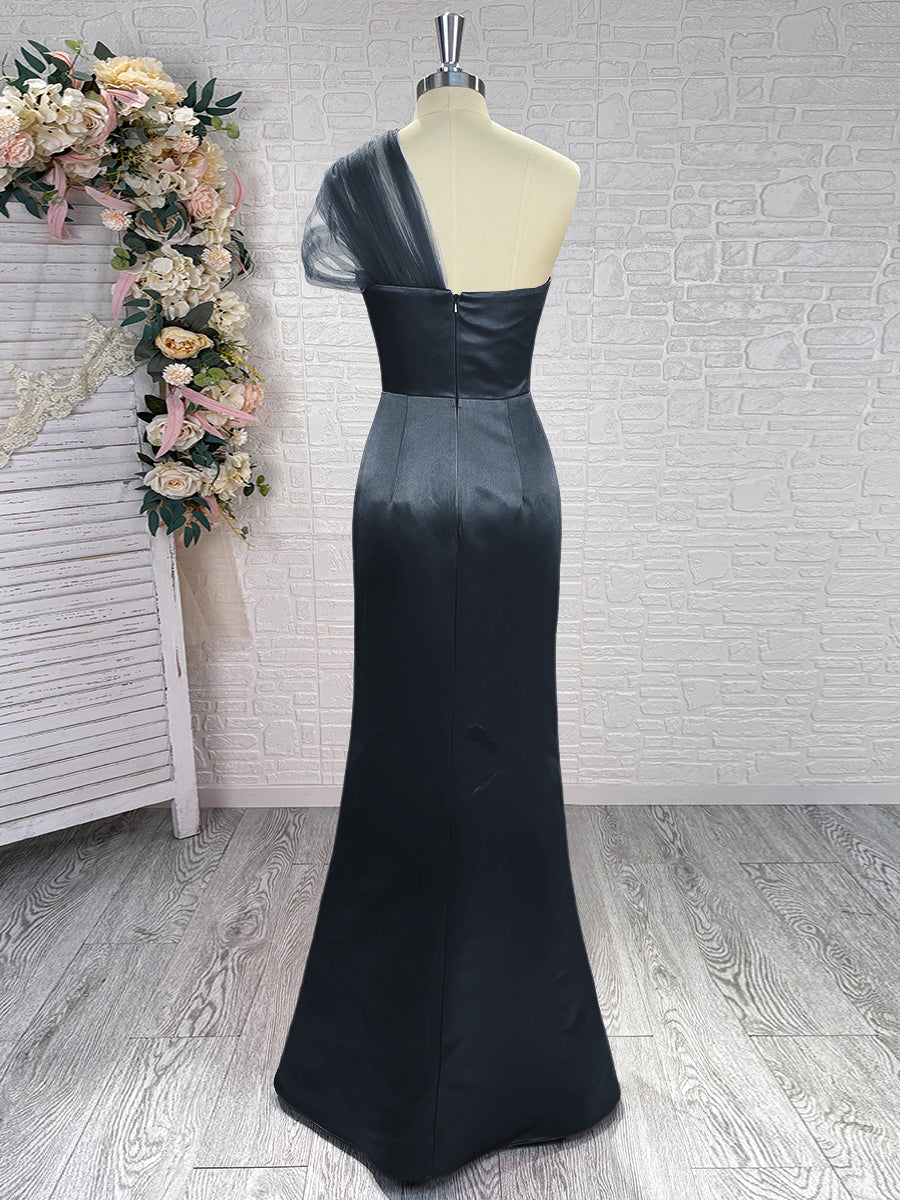 Sheath One-Shoulder Pleated Floor-Length Satin Bridesmaid Dress