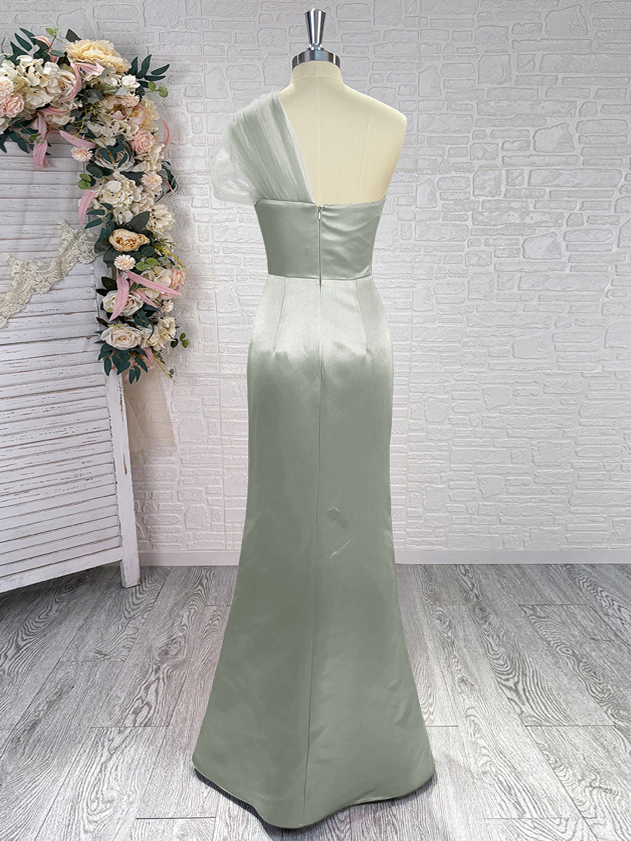 Sheath One-Shoulder Pleated Floor-Length Satin Bridesmaid Dress