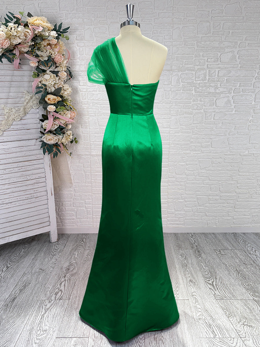 Sheath One-Shoulder Pleated Floor-Length Satin Bridesmaid Dress