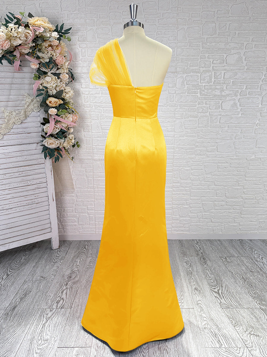 Sheath One-Shoulder Pleated Floor-Length Satin Bridesmaid Dress