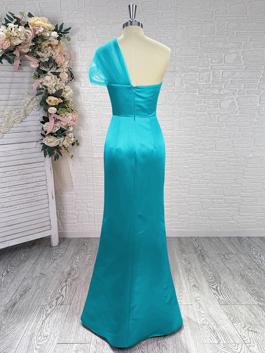 Sheath One-Shoulder Pleated Floor-Length Satin Bridesmaid Dress