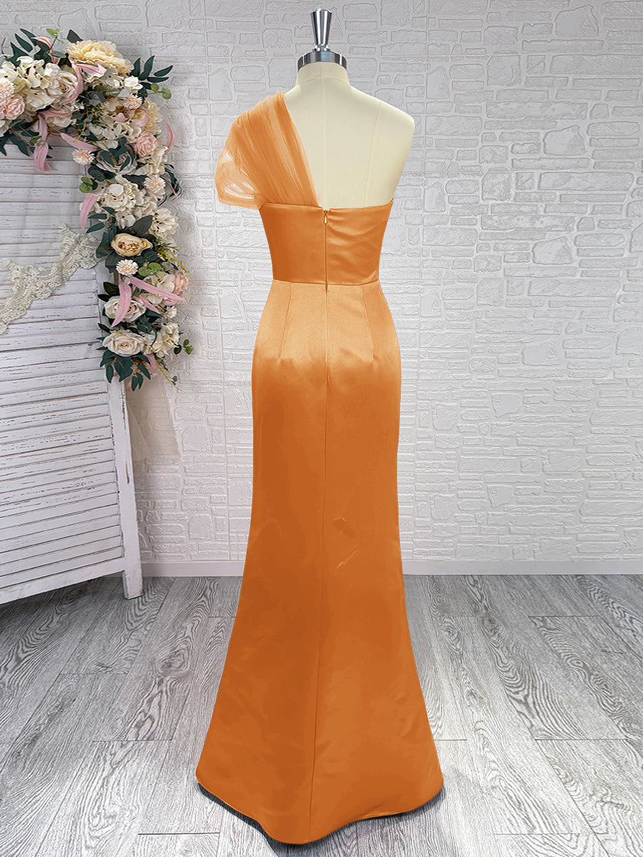 Sheath One-Shoulder Pleated Floor-Length Satin Bridesmaid Dress