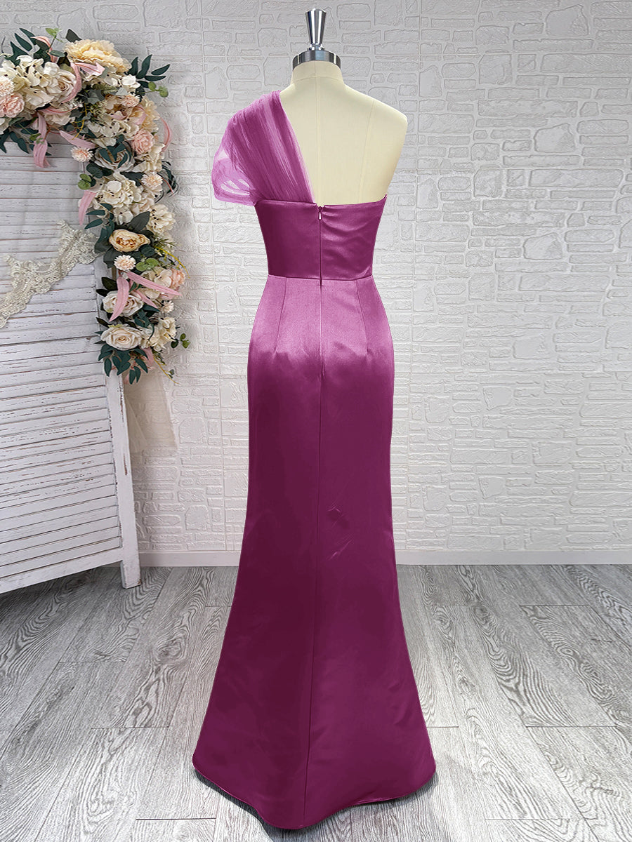 Sheath One-Shoulder Pleated Floor-Length Satin Bridesmaid Dress