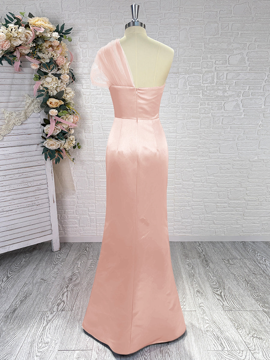 Sheath One-Shoulder Pleated Floor-Length Satin Bridesmaid Dress
