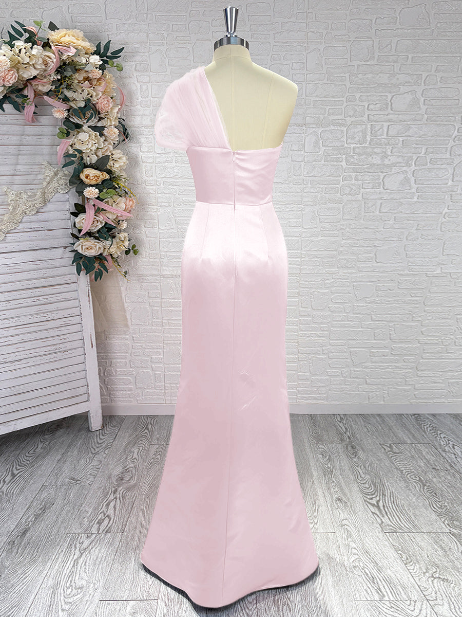 Sheath One-Shoulder Pleated Floor-Length Satin Bridesmaid Dress
