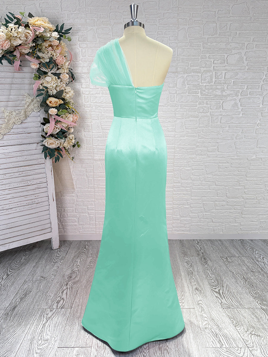 Sheath One-Shoulder Pleated Floor-Length Satin Bridesmaid Dress