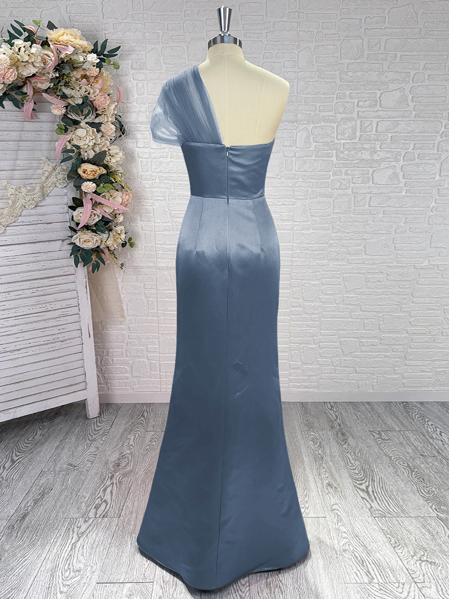 Sheath One-Shoulder Pleated Floor-Length Satin Bridesmaid Dress