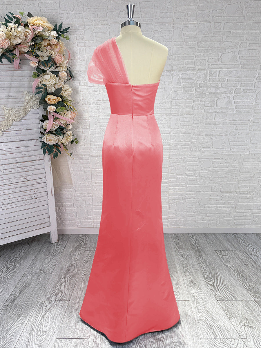 Sheath One-Shoulder Pleated Floor-Length Satin Bridesmaid Dress