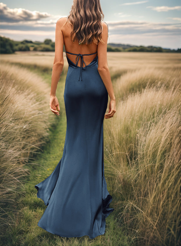 Sheath V-neck Pleated Sweep Train Silk Like Satin Bridesmaid Dress