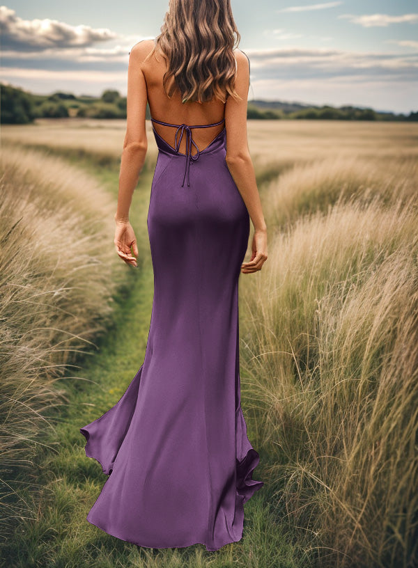 Sheath V-neck Pleated Sweep Train Silk Like Satin Bridesmaid Dress