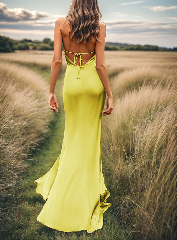 Sheath V-neck Pleated Sweep Train Silk Like Satin Bridesmaid Dress