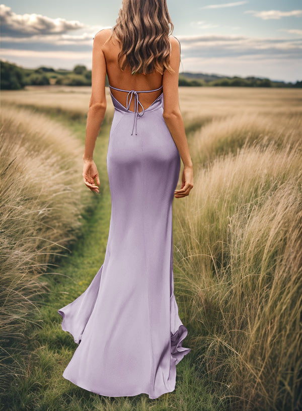 Sheath V-neck Pleated Sweep Train Silk Like Satin Bridesmaid Dress