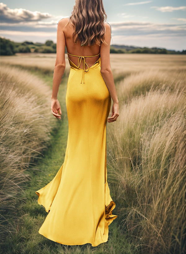 Sheath V-neck Pleated Sweep Train Silk Like Satin Bridesmaid Dress