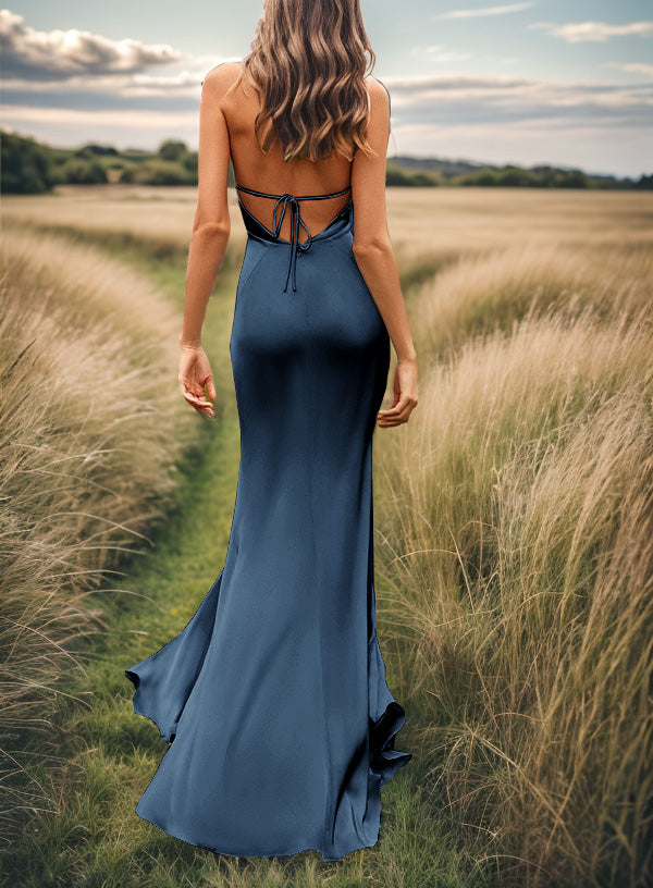 Sheath V-neck Pleated Sweep Train Silk Like Satin Bridesmaid Dress