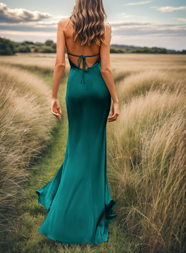 Sheath V-neck Pleated Sweep Train Silk Like Satin Bridesmaid Dress