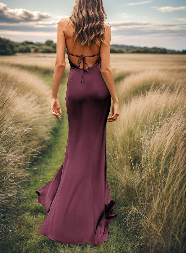 Sheath V-neck Pleated Sweep Train Silk Like Satin Bridesmaid Dress