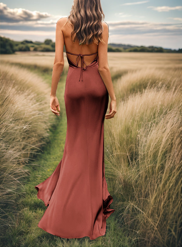 Sheath V-neck Pleated Sweep Train Silk Like Satin Bridesmaid Dress