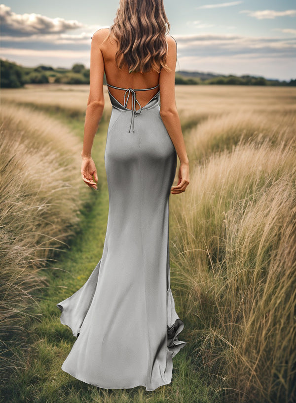 Sheath V-neck Pleated Sweep Train Silk Like Satin Bridesmaid Dress