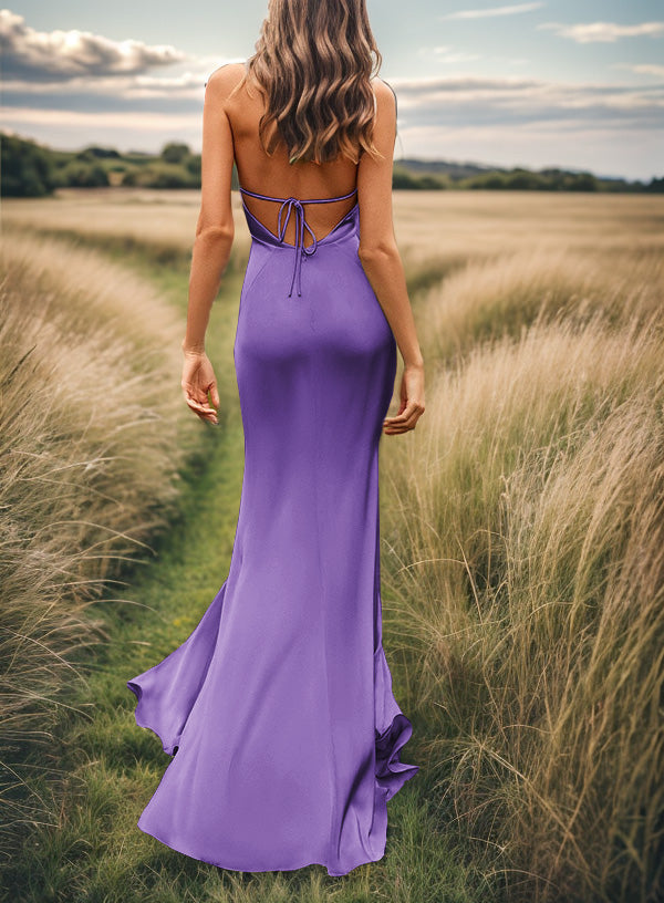 Sheath V-neck Pleated Sweep Train Silk Like Satin Bridesmaid Dress