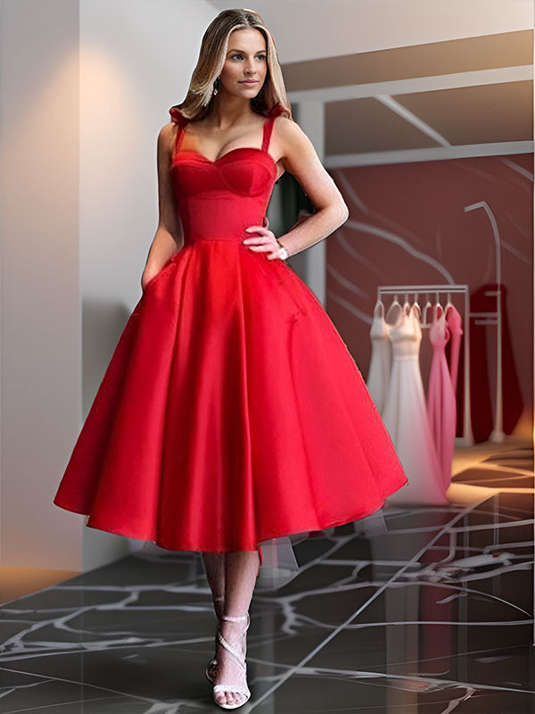 A-line Straps Ruffles Tea-Length Satin Dress