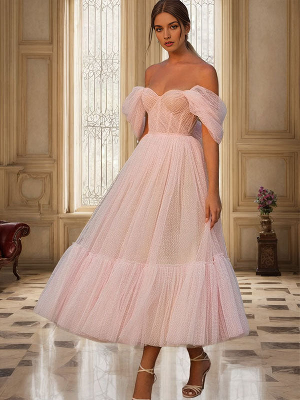 A-line Off-the-Shoulder Ruffles Tea-Length Tulle Dress