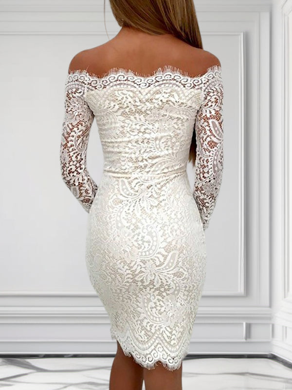 Sheath Off-the-Shoulder Long Sleeves Appliques Lace Short/Mini Lace Dress