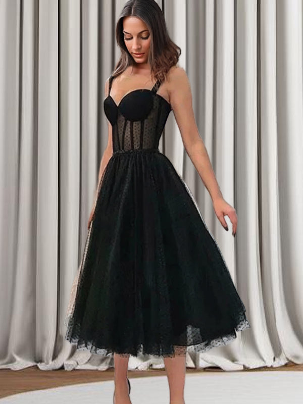A-line Straps Ruffles Tea-Length Lace Dress