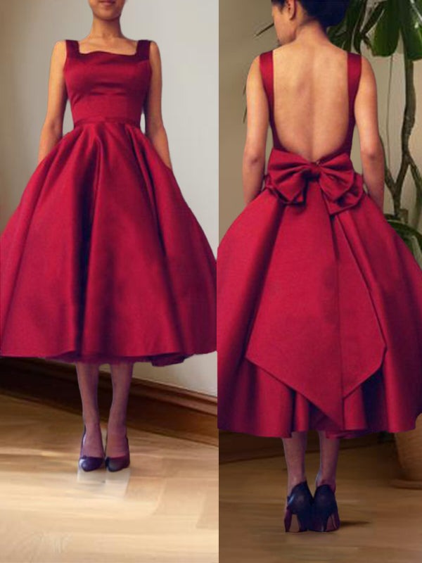 A-line Square Ruffles Tea-Length Satin Dress