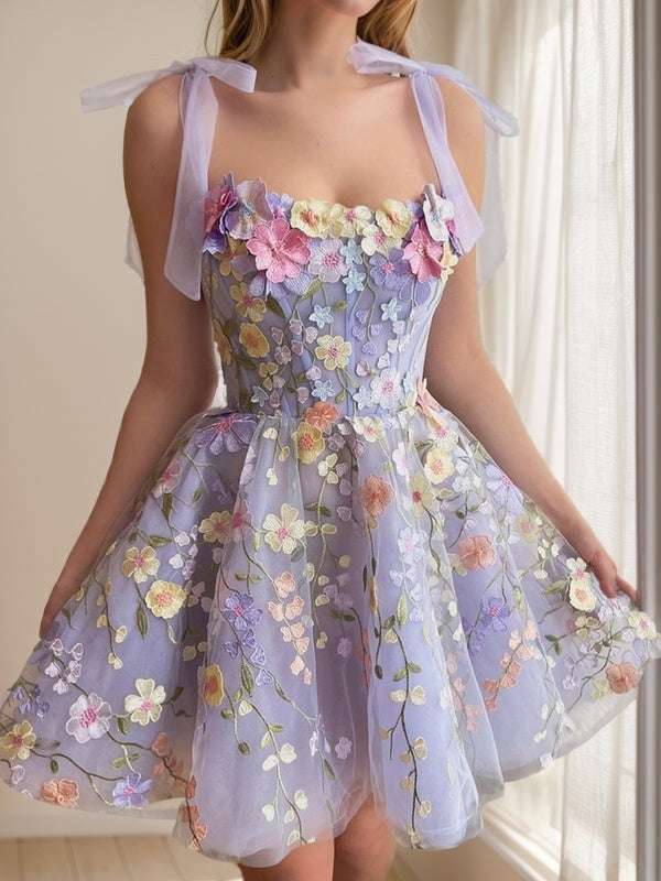 A-line Straps Appliques Lace Short/Mini Tulle Corset Dress
