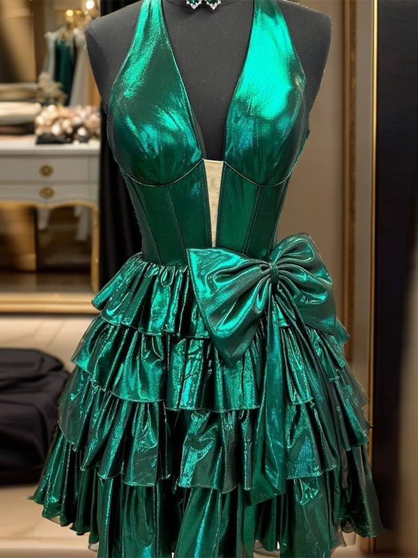 A-line Halter Bow Short/Mini Metallic Satin Dress