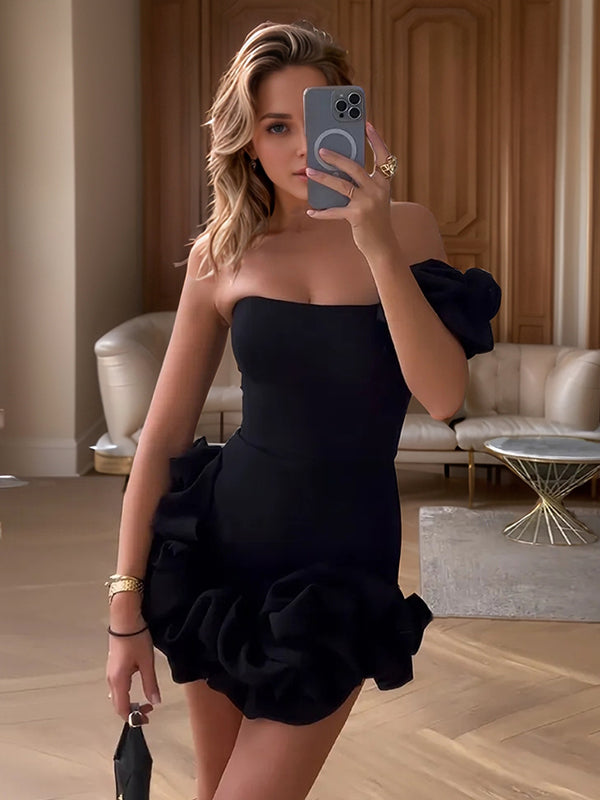 Sheath One-Shoulder Ruffles Short/Mini Stretch Crepe Dress