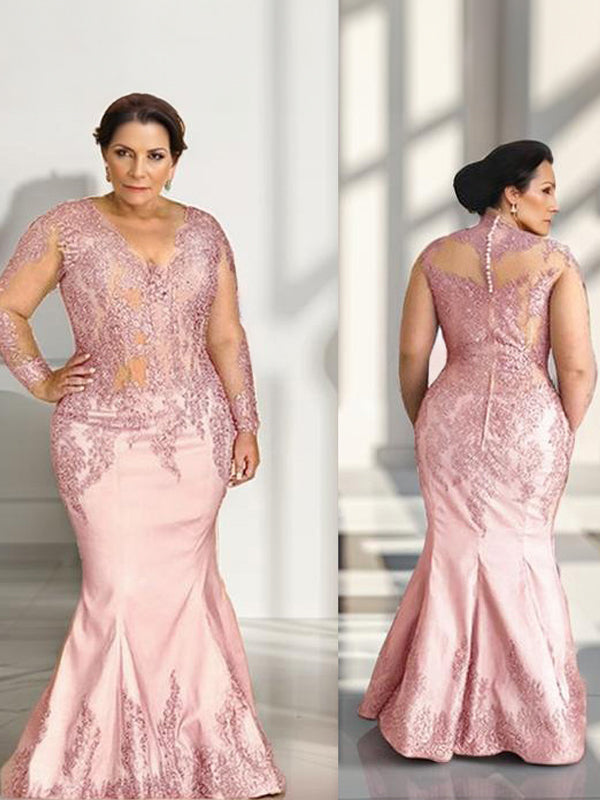 Mermaid V-neck Long Sleeves Appliques Lace Floor-Length Satin Mother of the Bride Dress