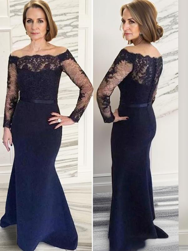 Mermaid Off-the-Shoulder Long Sleeves Appliques Lace Floor-Length Stretch Crepe Mother of the Bride Dress