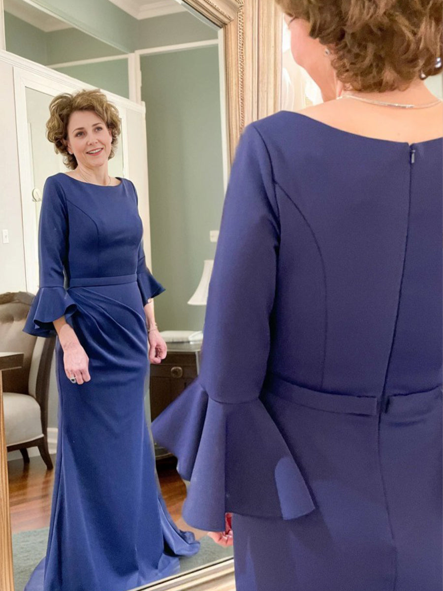 Sheath Scoop 3/4 Sleeves Pleated Sweep Train Charmeuse Mother of the Bride Dress