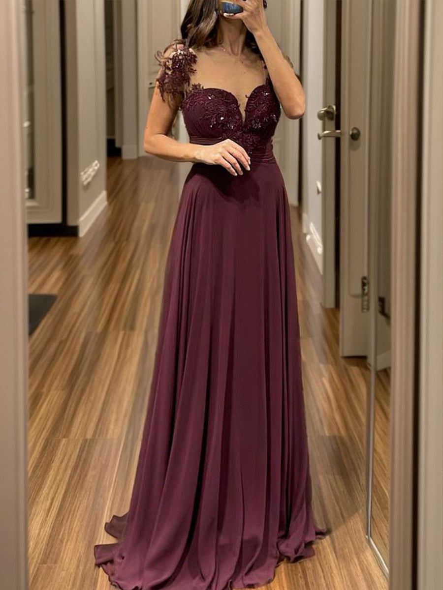 A-line Sweetheart Short Sleeves Appliques Lace Floor-Length Chiffon Mother of the Bride Dress